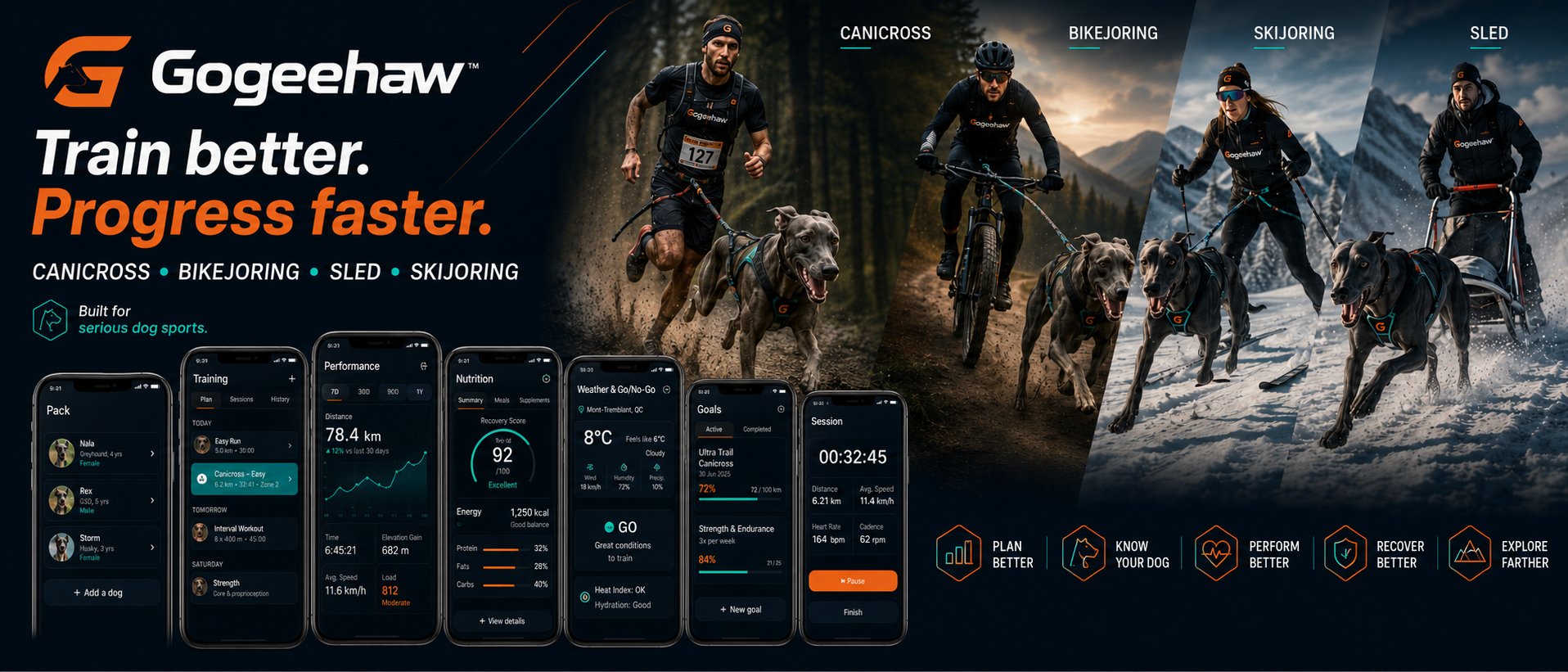 Canicross, bikejoring, ski-jor and sled athletes with their dogs